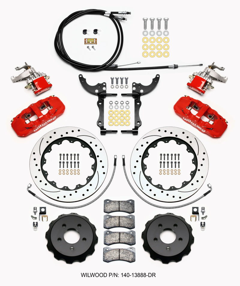 Wilwood AERO4 / MC4 Rear Kit 14.00 Drilled Red 15-23 Mustang w/Lines & Cables