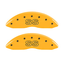 Load image into Gallery viewer, MGP 4 Caliper Covers Engraved Front &amp; Rear Classic/SS Yellow Finish Black Char 2000 Chevrolet Camaro